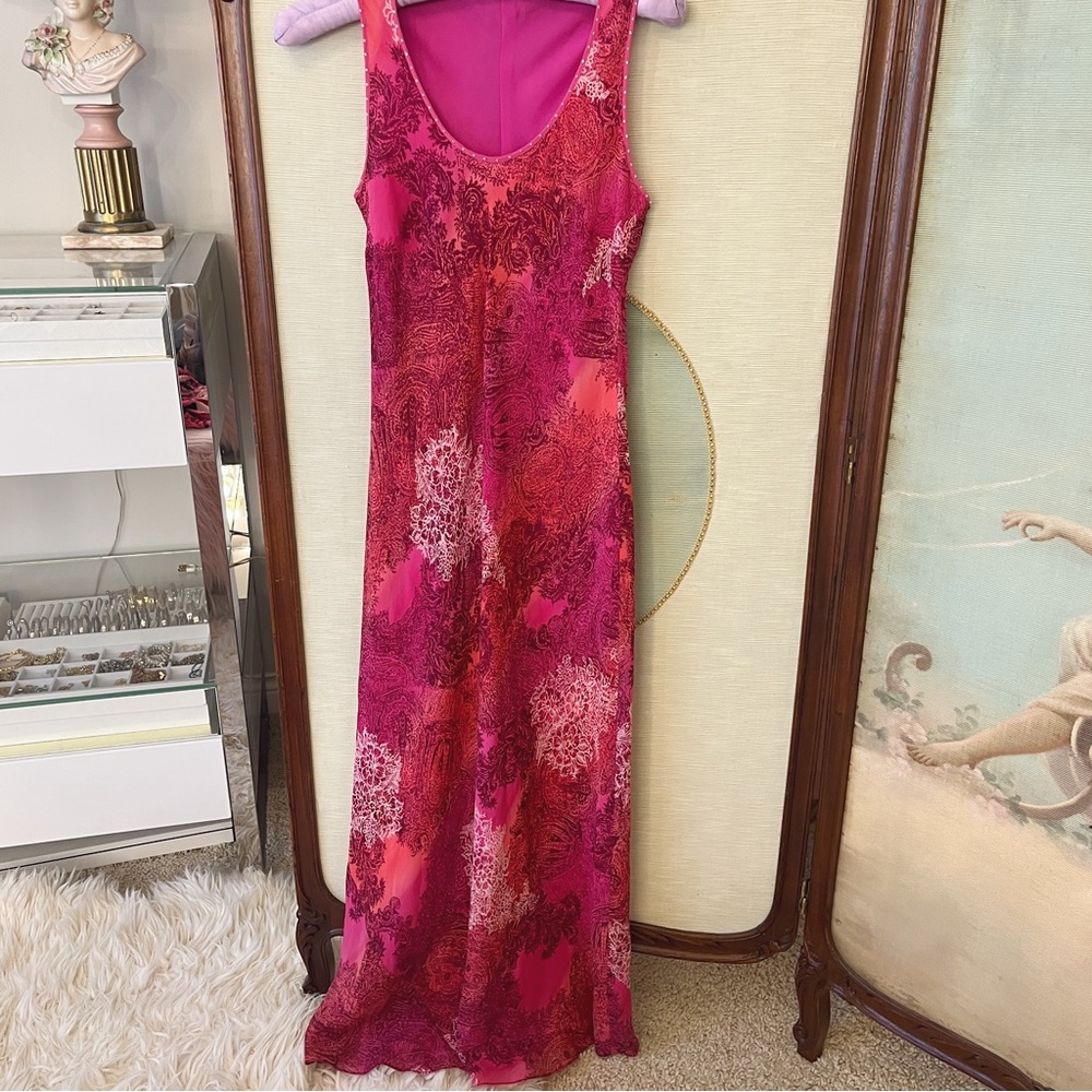 🌺 Vintage Paisley Floral Sunset Maxi Dress Red Pink 🌺